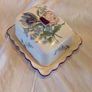 2/60$ Floral Ceramic Butter Dish/Cheese Dish with Red Trim